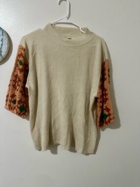 Cato Cream Knit Top with Rust Crochet Sleeves